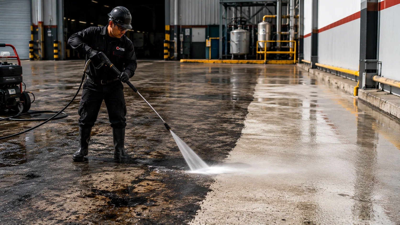 Lavado a presión y desengrase técnico de piso industrial con equipo profesional