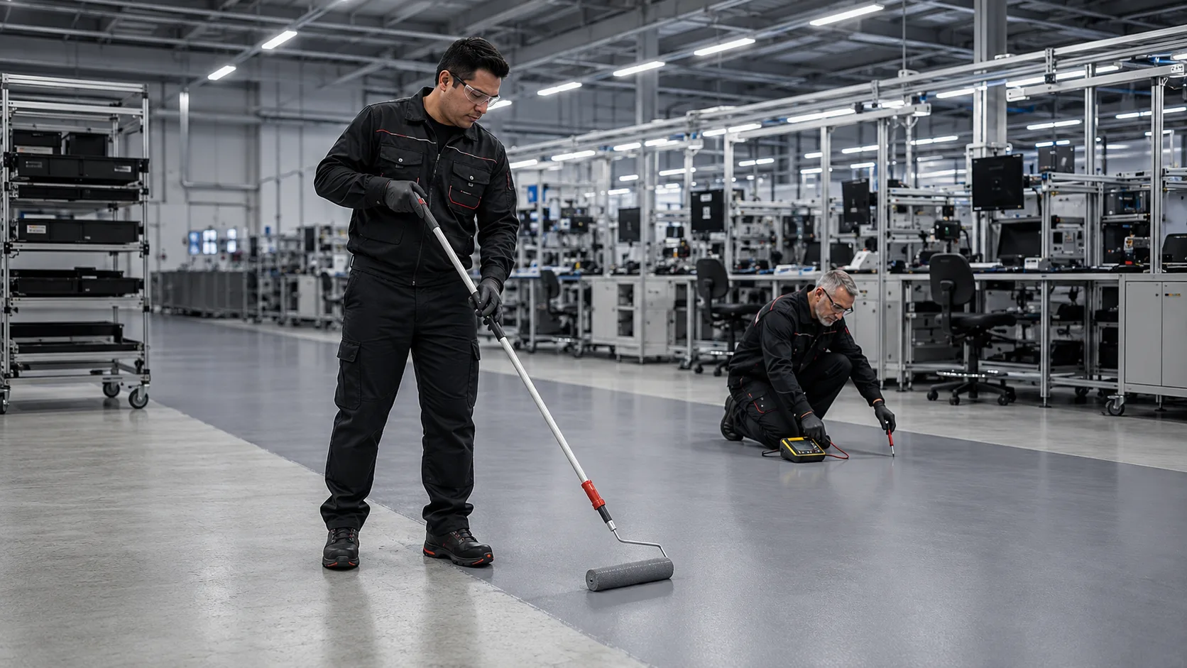 Aplicación y verificación profesional de recubrimiento protector para piso industrial