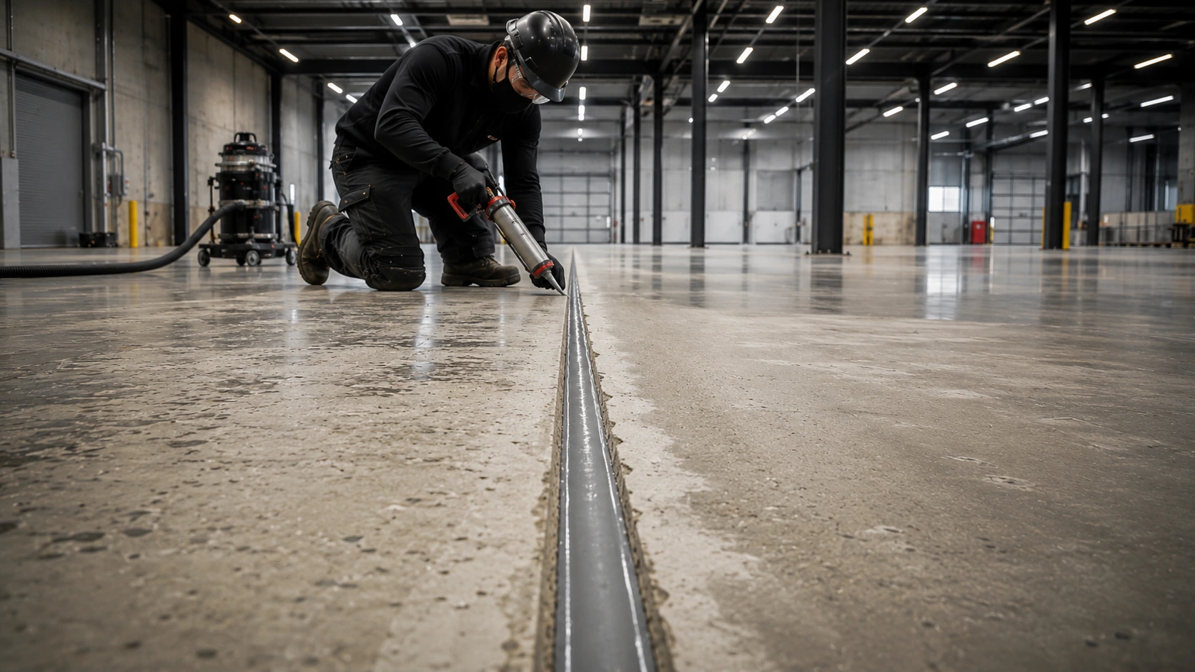 Aplicación técnica de sellador en junta de piso industrial de concreto